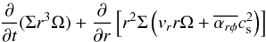 Mathematical equation: \appendix \setcounter{section}{1} \begin{eqnarray*} \frac{\partial}{\partial t}(\Sigma r^3\Omega) + \frac{\partial}{\partial r} \left[r^2\Sigma \left(v_r r\Omega + \overline{\alpha_{r\phi}}c_{\rm s}^2\right)\right] \end{eqnarray*}