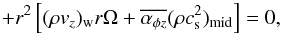 Mathematical equation: \appendix \setcounter{section}{1} \begin{equation} \qquad\qquad +r^2 \left[(\rho v_z)_{\rm w}r\Omega + \overline{\alpha_{\phi z}} (\rho c_{\rm s}^2)_{\rm mid}\right]= 0, \label{eq:amintgz} \end{equation}