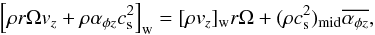 Mathematical equation: \appendix \setcounter{section}{1} \begin{equation} \left[\rho r \Omega v_z + \rho \alpha_{\phi z}c_{\rm s}^2\right]_{\rm w} =[\rho v_z]_{\rm w} r\Omega + (\rho c_{\rm s}^2)_{\rm mid} \overline{\alpha_{\phi z}}, \end{equation}