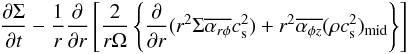 Mathematical equation: \appendix \setcounter{section}{1} \begin{eqnarray*} \frac{\partial \Sigma}{\partial t} - \frac{1}{r}\frac{\partial}{\partial r} \left[\frac{2}{r\Omega}\left\{\frac{\partial}{\partial r}(r^2 \Sigma \overline{\alpha_{r\phi}}c_{\rm s}^2) + r^2 \overline{\alpha_{\phi z}} (\rho c_{\rm s}^2)_{\rm mid} \right\}\right] \end{eqnarray*}