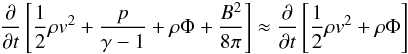 Mathematical equation: \appendix \setcounter{section}{2} \begin{eqnarray*} \frac{\partial}{\partial t}\left[\frac{1}{2}\rho v^2 + \frac{p}{\gamma-1} +\rho \Phi + \frac{B^2}{8\pi}\right] \approx \frac{\partial}{\partial t}\left[\frac{1}{2}\rho v^2 +\rho \Phi\right] \end{eqnarray*}