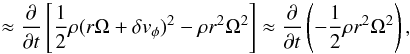 Mathematical equation: \appendix \setcounter{section}{2} \begin{equation} \qquad \approx \frac{\partial}{\partial t}\left[\frac{1}{2}\rho(r\Omega + \delta v_{\phi})^2 - \rho r^2\Omega^2 \right] \approx \frac{\partial}{\partial t}\left(-\frac{1}{2}\rho r^2\Omega^2\right), \label{eq:tderiv} \end{equation}