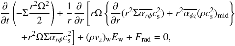 Mathematical equation: \appendix \setcounter{section}{2} \begin{eqnarray} &&\frac{\partial}{\partial t}\left(-\Sigma \frac{r^2\Omega^2}{2}\right) +\frac{1}{r}\frac{\partial}{\partial r}\left[r\Omega\left\{ \frac{\partial}{\partial r}(r^2 \Sigma \overline{\alpha_{r\phi}}c_{\rm s}^2) + r^2 \overline{\alpha_{\phi z}} (\rho c_{\rm s}^2)_{\rm mid} \right\}\right. \nonumber\\ && \left. \qquad+ r^2\Omega\Sigma\overline{\alpha_{r\phi}} c_{\rm s}^2\right] + (\rho v_z)_{\rm w} E_{\rm w}+ F_{\rm rad} =0, \label{eq:totezint2} \end{eqnarray}