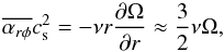 Mathematical equation: \begin{equation} \overline{\alpha_{r\phi}} c_{\rm s}^2 = -\nu r \frac{\partial \Omega}{\partial r} \approx \frac{3}{2}\nu\Omega, \label{eq:viscosity} \end{equation}