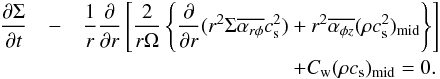 Mathematical equation: \begin{eqnarray} \frac{\partial \Sigma}{\partial t}& -& \frac{1}{r}\frac{\partial}{\partial r} \left[\frac{2}{r\Omega}\left\{\frac{\partial}{\partial r}(r^2 \Sigma \overline{\alpha_{r\phi}}c_{\rm s}^2) + r^2 \overline{\alpha_{\phi z}} (\rho c_{\rm s}^2)_{\rm mid} \right\}\right] \nonumber\\ &&\qquad\qquad \qquad \qquad\, \qquad+ C_{\rm w}(\rho c_{\rm s})_{\rm mid} = 0. \label{eq:sgmevl} \end{eqnarray}