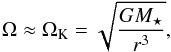 Mathematical equation: \begin{equation} \Omega \approx \Omega_{\rm K} = \sqrt{\frac{G M_{\star}}{r^{3}}}, \label{eq:Keprot} \end{equation}