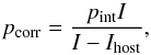 Mathematical equation: \begin{equation} p_\mathrm{corr} = \frac{p_\mathrm{int} I}{I - I_\mathrm{host}}, \end{equation}