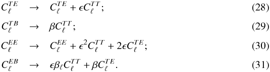 Mathematical equation: \begin{eqnarray} C^{TE}_{\ell} &\rightarrow& C^{TE}_{\ell} + \epsilon C^{TT}_{\ell}; \\[1mm] C^{TB}_{\ell} &\rightarrow& \beta C^{TT}_{\ell}; \\[1mm] C^{EE}_{\ell} &\rightarrow& C^{EE}_{\ell} + \epsilon^2 C^{TT}_{\ell} + 2 \epsilon C^{TE}_{\ell}; \\[1mm] C^{EB}_{\ell} &\rightarrow& \epsilon \beta_{\ell} C^{TT}_{\ell} + \beta C^{TE}_{\ell}. \label{eq:ttopleakage} \end{eqnarray}
