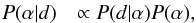 Mathematical equation: \begin{eqnarray} P(\alpha | d) &\propto P(d | \alpha) P(\alpha), \label{eq:bayes} \end{eqnarray}