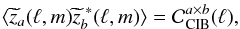Mathematical equation: \appendix \setcounter{section}{1} \begin{eqnarray} \langle \widetilde{z}_a(\ell,m)\widetilde{z}_b^{~*}(\ell, m)\rangle = {\mathcal{C}_{\rm CIB}^{a\times b}}(\ell), \end{eqnarray}