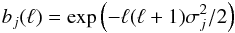 Mathematical equation: \appendix \setcounter{section}{1} \begin{eqnarray} b_{j}(\ell) = \exp{\left(-\ell(\ell+1)\sigma_j^2/2\right)} \end{eqnarray}