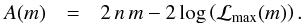Mathematical equation: \appendix \setcounter{section}{1} \begin{eqnarray} A(m) &=& 2\,n\,m-2\log \left(\mathcal{L}_{\rm max}(m)\right). \end{eqnarray}