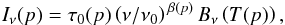 Mathematical equation: \begin{eqnarray} I_\nu(p) = \tau_0(p) \left(\nu/{\nu}_0\right)^{\,\beta(p)} B_\nu\left(T(p)\right), \end{eqnarray}