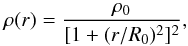 Mathematical equation: \begin{equation} \label{ost} \rho(r)=\frac{\rho_0}{[1+(r/R_0)^2]^2}, \end{equation}