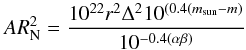 Mathematical equation: \begin{equation} \label{eq:size} AR_{\mathrm N}^2=\frac{10^{22}r^2\Delta^210^{(0.4(m_{\mathrm {sun}}-m)}}{10^{-0.4(\alpha\beta)}} \end{equation}
