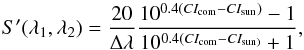 Mathematical equation: \begin{equation} \label{eq:color} S^\prime(\lambda_1,\lambda_2)=\frac{20}{\Delta\lambda}\frac{10^{0.4(CI_{\mathrm {com}}-CI_{\mathrm {sun}})}-1}{10^{0.4(CI_{\mathrm{com}}-CI_{\mathrm{sun})}}+1} , \end{equation}