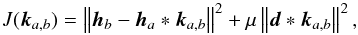 Mathematical equation: \begin{equation} J(\kab) = \norm2{\h_b - \h_a \ast \kab} + \mu\norm2{\lap \ast \kab}, \label{eq:jreg} \end{equation}