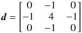 Mathematical equation: \begin{equation} \lap = \begin{bmatrix} ~0 & -1 & ~0\\ -1 & ~4 & -1\\ ~0 & -1 & ~0 \end{bmatrix} \end{equation}