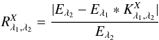 Mathematical equation: \begin{equation} R^X_{\lambda_1, \lambda_2} = \frac{ |E_{\lambda_2} - E_{\lambda_1} \ast K^X_{\lambda_1, \lambda_2}| }{ E_{\lambda_2} } \label{eq:residuals} \end{equation}