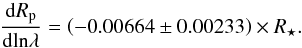 Mathematical equation: \begin{equation} \frac{\text{d}R_{\rm p}}{\text{dln}\lambda} = \left(-0.00664 \pm 0.00233\right) \times R_{\star}. \end{equation}