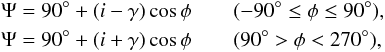 Mathematical equation: \begin{equation} \begin{aligned} \Psi &= 90\degr + (i-\gamma) \cos{\phi} \qquad (-90\degr \leq \phi \leq 90\degr), \\ \Psi &= 90\degr + (i+\gamma) \cos{\phi} \qquad (90\degr > \phi < 270\degr), \end{aligned} \end{equation}