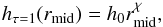 Mathematical equation: \begin{equation} \label{eq:powerlaw} h_{\tau=1}(r_{\rm mid})=h_0 r_{\rm mid}^\chi, \end{equation}