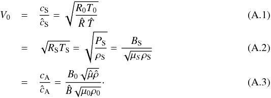 Mathematical equation: \appendix \setcounter{section}{1} \begin{eqnarray} V_0&=&\f{c_{\rm S}}{\hat{c}_{\rm S}}=\sqrt{\f{R_0 T_0}{\hat{R}\ \hat{T}}} \\ &=&\sqrt{R_{\rm S} T_{\rm S}}=\sqrt{\f{P_{\rm S}}{\rho_{\rm S}}}=\f{B_{\rm S}}{\sqrt{\mu_{S} \rho_{\rm S}}} \\ &=&\f{c_{\rm A}}{\hat{c}_{\rm A}}=\f{B_0\sqrt{\hat{\mu} \hat{\rho}}}{\hat{B}\sqrt{\mu_{0} \rho_0} }\cdot \end{eqnarray}