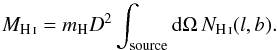 Mathematical equation: \begin{equation} \label{eq:himass} M_\mathrm{\ion{H}{i}} = m_\mathrm{H} D^2 \int_\mathrm{source}\mathrm{d}\Omega\, N_\mathrm{\ion{H}{i}}(l,b). \end{equation}
