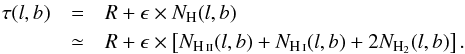Mathematical equation: \begin{eqnarray} \label{eq:h-ir-corr} \tau(l,b) &=& R + \epsilon \times N_\mathrm{H}(l,b) \nonumber\\ &\simeq& R + \epsilon \times \left[N_\mathrm{\ion{H}{ii}}(l,b) + N_\mathrm{\ion{H}{i}}(l,b) + 2N_{\mathrm{H}_2}(l,b)\right]. \end{eqnarray}