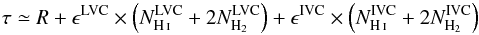 Mathematical equation: \begin{equation} \label{eq:h-ir-corr2} \tau \simeq R + \epsilon^{\mathrm{LVC}} \times \left(N_\mathrm{\ion{H}{i}}^{\mathrm{LVC}} + 2N_{\mathrm{H}_2}^{\mathrm{LVC}}\right) + \epsilon^{\mathrm{IVC}} \times \left(N_\mathrm{\ion{H}{i}}^{\mathrm{IVC}} + 2N_{\mathrm{H}_2}^{\mathrm{IVC}}\right) \end{equation}
