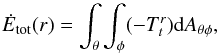 Mathematical equation: \begin{equation} \dot{E}_{\rm tot}(r) = \int_\theta \int_\phi (-T^r_t) {\rm d}A_{\theta\phi}, \end{equation}