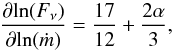 Mathematical equation: \begin{equation} \frac{\partial {\rm ln} (F_\nu)}{\partial {\rm ln} (\dot{m})}=\frac{17}{12} + \frac{2 \alpha}{3}, \end{equation}