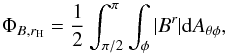 Mathematical equation: \begin{equation} \Phi_{B,r_{\rm H}}= \frac{1}{2} \int_{\pi/2}^{\pi} \int_\phi |B^r| {\rm d}A_{\theta\phi}, \end{equation}