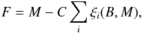 Mathematical equation: \begin{equation} \label{eq:fit fun} F=M-C\sum_i\xi_i(B,M), \end{equation}