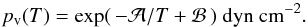 Mathematical equation: \begin{equation} \label{eq:pres_vap} p\sub{v}( T ) = \exp ( \, - \mathcal{A}/T + \mathcal{B} \, ) \; \mathrm{ dyn~cm^{-2} }. \end{equation}