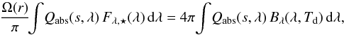 Mathematical equation: \begin{equation} \label{eq:temp_d} \frac{ \Omega( r ) }{ \pi } \! \! \int \! Q\sub{abs}( s, \lambda ) \, F_{\lambda,\star}( \lambda ) \, \dif \lambda = 4 \pi \! \int \! Q\sub{abs}( s, \lambda ) \, B_\lambda( \lambda, T\sub{d} ) \, \dif \lambda, \end{equation}