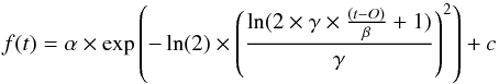 Mathematical equation: \begin{equation} f(t) = \alpha \times \exp{\left(-\ln(2) \times \left(\frac{\ln(2\times\gamma\times\frac{(t-O)}{\beta}+1)}{\gamma}\right)^2\right)} + c \end{equation}