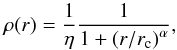 Mathematical equation: \begin{equation} \rho(r)=\frac{1}{\eta}\frac{1}{1+\left(r/r_{\rm c}\right)^\alpha} \label{eq:king} , \end{equation}