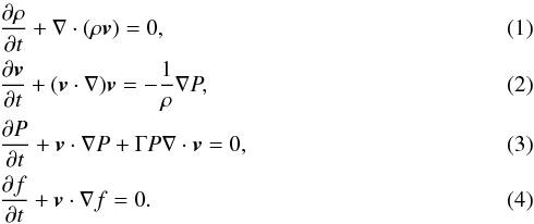 Mathematical equation: \begin{eqnarray} &&\frac{\partial\rho}{\partial t} + \nabla \cdot (\rho \vec v) = 0,\label{eq:continuity}\\ &&\frac{\partial\vec v}{\partial t} + (\vec v \cdot \nabla)\vec v = - \frac{1}{\rho}\nabla P,\label{eq:euler} \\ &&\frac{\partial P}{\partial t} + \vec v \cdot \nabla P + \Gamma P \nabla \cdot \vec v = 0 ,\label{eq:energy}\\ &&\frac{\partial f}{\partial t} + \vec v \cdot \nabla f = 0. \label{eq:tracer} \end{eqnarray}