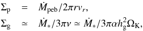 Mathematical equation: \begin{eqnarray} \sigp & = & \mdotf/2\pi r \vr, \nonumber\\ \sigg & \simeq & \dot{M}_*/3\pi \nu\simeq \dot{M}_*/3\pi \alpha \hg^2 \Omega_{\rm K}, \label{eq:Sigma} \end{eqnarray}