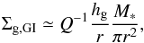 Mathematical equation: \begin{equation} \Sigma_{\rm g,GI} \simeq Q^{-1} \frac{h_{\rm g}}{r} \frac{M_*}{\pi r^2}, \label{eq:GI} \end{equation}