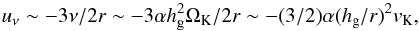 Mathematical equation: \begin{equation} u_\nu \sim - 3\nu/2r \sim - 3 \alpha \hg^2 \Omega_{\rm K}/2r \sim - (3/2) \alpha (\hg/r)^2 \vk, \label{eq:ur} \end{equation}