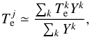 Mathematical equation: \begin{eqnarray} T^{j}_{\rm e} \simeq \frac{\sum_k T^{k}_{\rm e} Y^{k}}{\sum_k Y^{k}}, \end{eqnarray}
