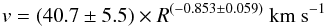 Mathematical equation: \begin{equation} v = (\subkepA \pm \subkepAerr) \times R^{(\subkealpha \pm \subkepalphaerr)} \ \mathrm{km}\ \mathrm{s}^{-1} \end{equation}