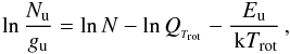 Mathematical equation: \appendix \setcounter{section}{4} \begin{eqnarray} {{\rm ln} \, \frac{N_{\rm u}}{g_{\rm u}}}={\rm ln} \, N-{\rm ln} \, Q_{_{T_{\rm rot}}}- \frac{E_{\rm u}}{\,{\rm k} T_{\rm rot}} \, ,\label{eq:DR} \end{eqnarray}