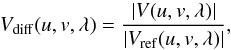 \begin{equation} \label{eq:diffvis} {V_{\mathrm{diff}}(u,v,\lambda) = \frac{|V(u,v,\lambda)|}{|V_{\mathrm{ref}}(u,v,\lambda)|}}, \end{equation}