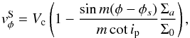 \begin{equation} v_\phi^{\rm S}=V_{\rm c}\left(1-\frac{\sin{m(\phi-\phi_s)}}{m\cot{i_{\rm p}}}\frac{\Sigma_a}{\Sigma_0}\right) \label{eq:spiralphi} , \end{equation}
