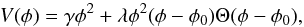 \begin{equation} V(\phi)=\gamma \phi^2+\lambda\phi^2(\phi-\phi_0)\Theta(\phi-\phi_0) , \end{equation}