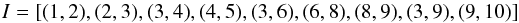 $$ I = [(1, 2), (2, 3), (3, 4), (4, 5), (3, 6), (6, 8), (8, 9), (3, 9), (9, 10)] $$