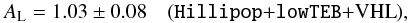 \begin{equation} \label{eq:Al_vhl} \Alens=1.03\pm0.08\quad \onesig{\hlp+\lowTEB+VHL}, \end{equation}